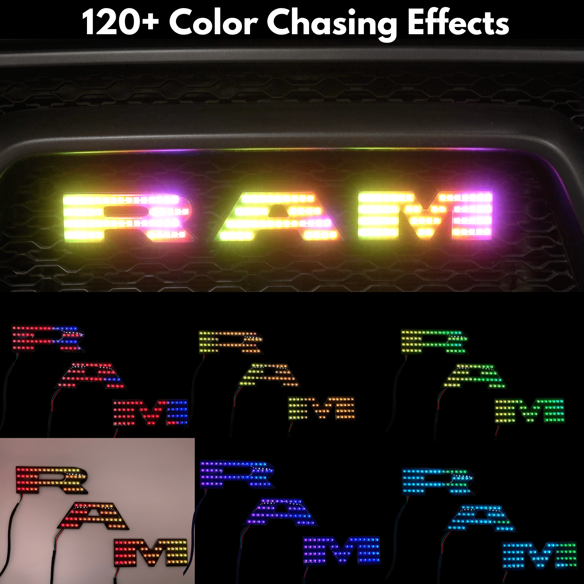 2019-2023 Ram Multicolor Illuminated LED Emblem 2.0 - RGB Halo Kits Multicolor Flow Series Color Chasing RGBWA LED headlight kit Oracle Lighting Trendz OneUpLighting Morimoto theretrofitsource AutoLEDTech Diode Dynamics