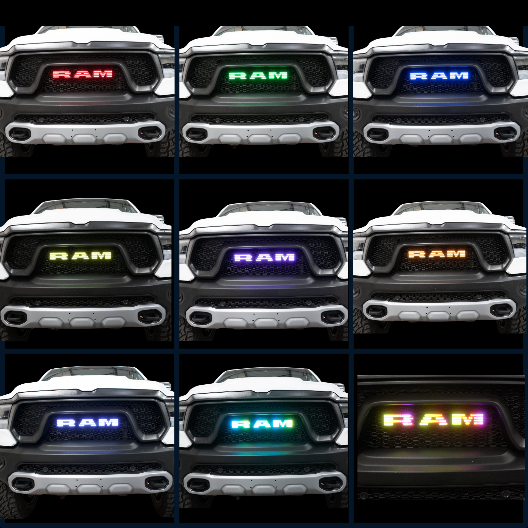 2019-2023 Ram Multicolor Illuminated LED Emblem 2.0 - RGB Halo Kits Multicolor Flow Series Color Chasing RGBWA LED headlight kit Oracle Lighting Trendz OneUpLighting Morimoto theretrofitsource AutoLEDTech Diode Dynamics