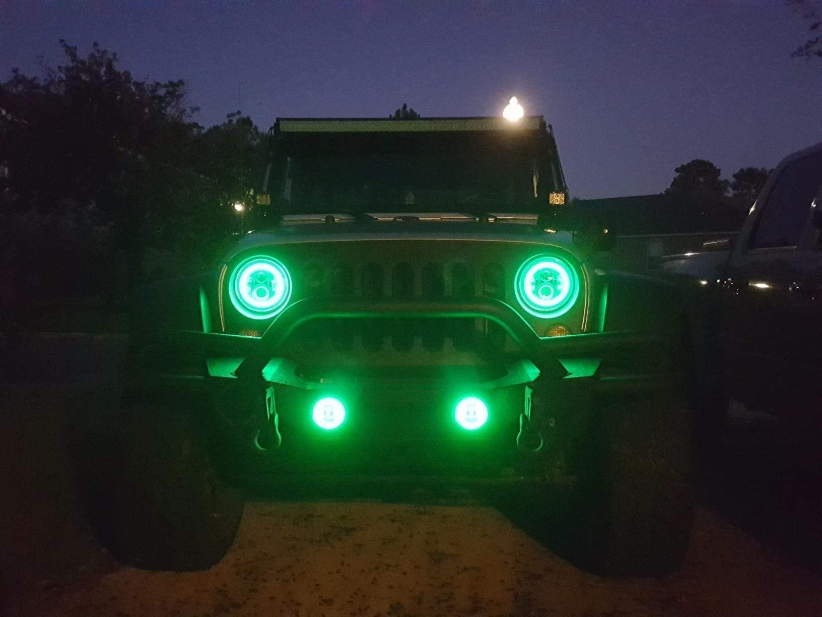 2007-2016 Jeep Wrangler JK Multicolor Halo Kit - RGB Halo Kits Multicolor Flow Series Color Chasing RGBWA LED headlight kit Colorshift Oracle Lighting Trendz OneUpLighting Morimoto theretrofitsource AutoLEDTech Diode Dynamics